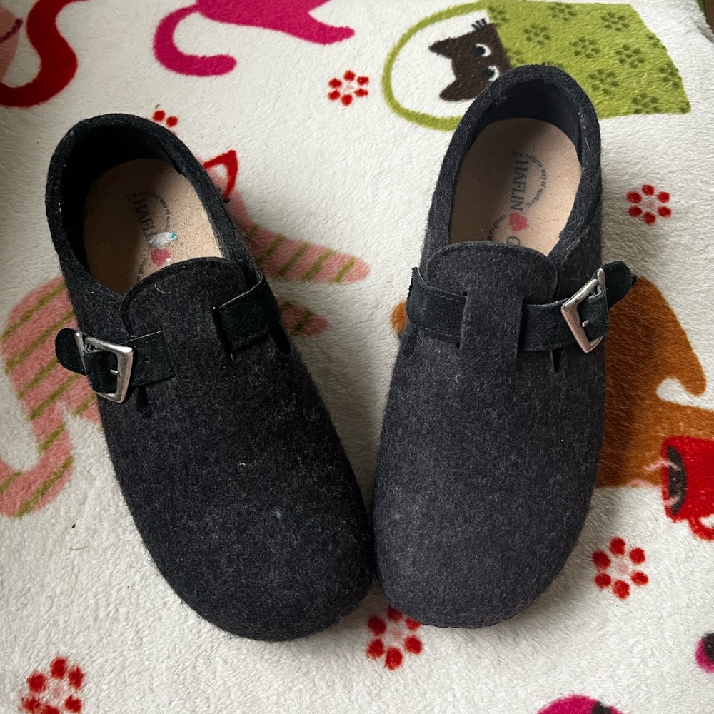 Haflingers gray wool slip-ons with buckle